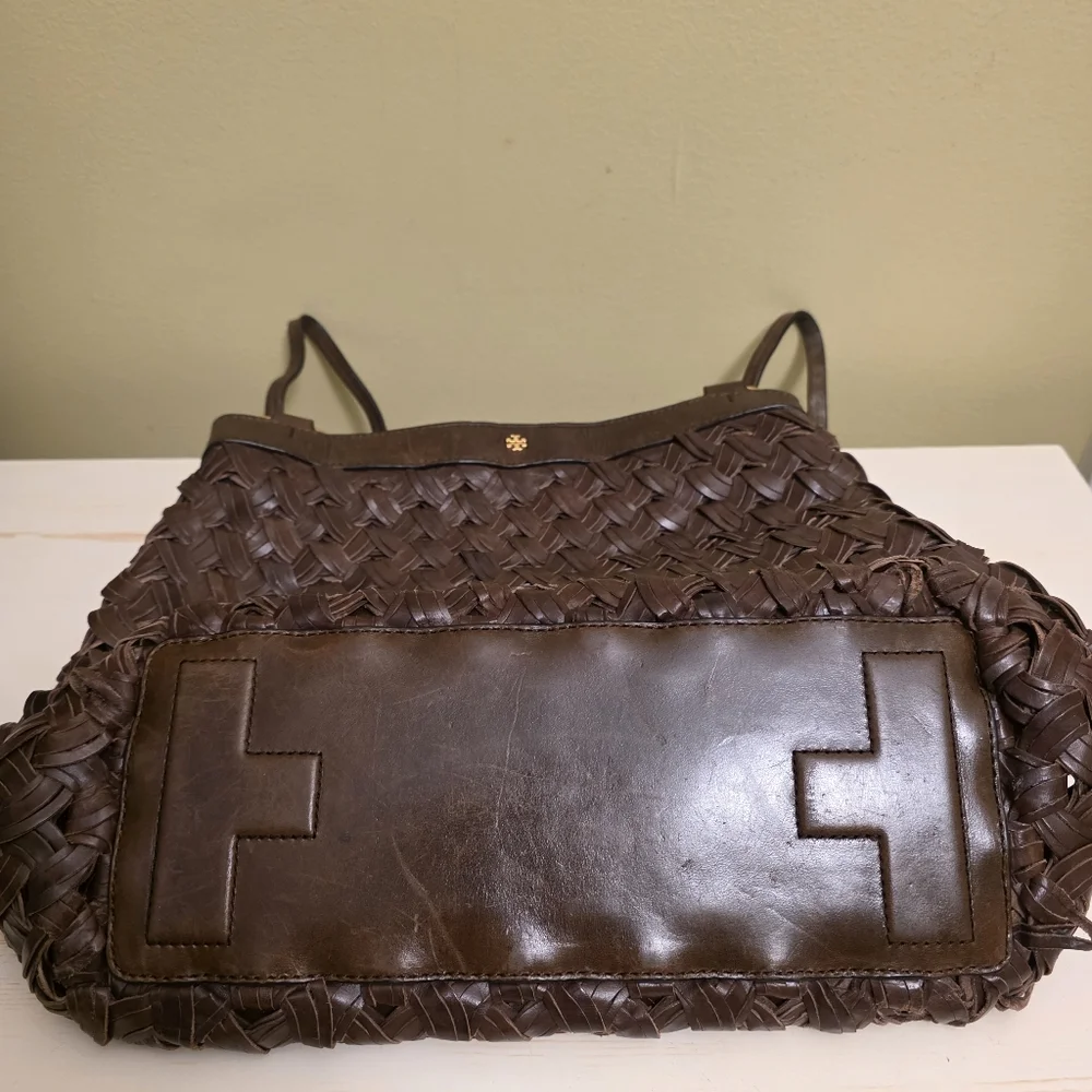Tory Burch | Farrah Brown Woven Leather Shoulder Bag